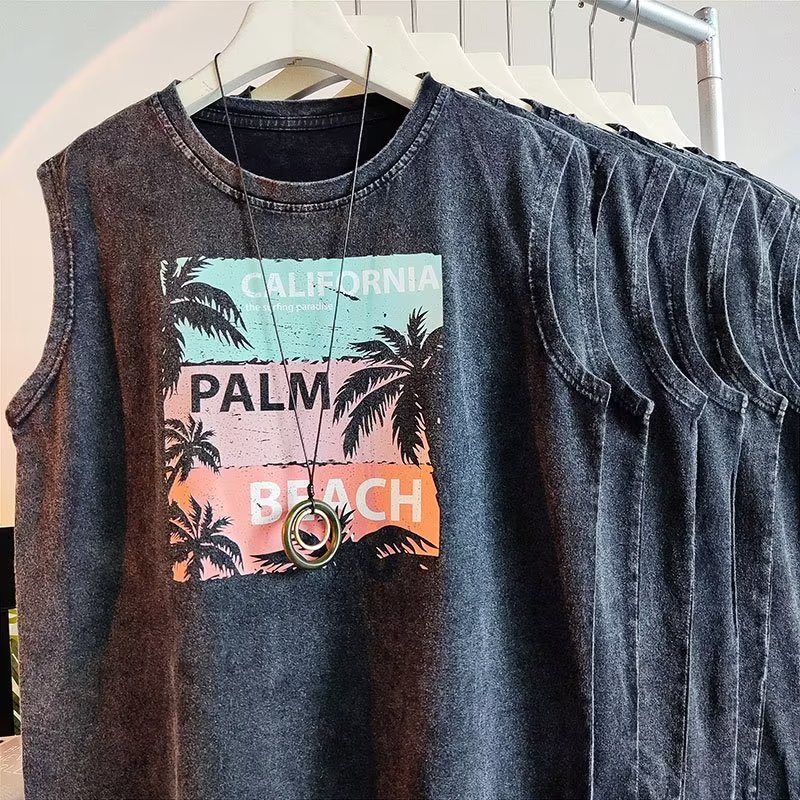 เสื้อยืดแขนกุด ทรงหลวม พิมพ์ลายหัวใจ สไตล์เรโทร แฟชั่นฤดูร้อน สําหรับผู้ชาย
