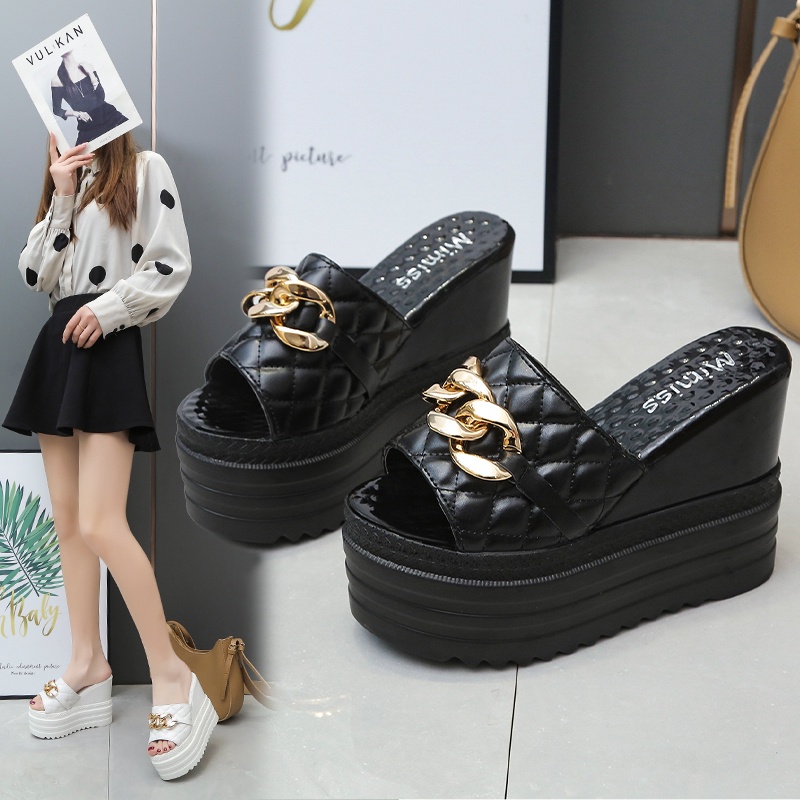 Elegant Chain รองเท้าแตะผู้หญิง Slope 12 ซม.Wedges รองเท้าแตะขนาด 34-39