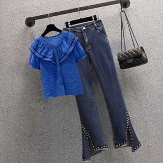 ฤดูร้อนใหม่คอวีแขนสั้นเสื้อ chiffon หลวม denim ชุดสองชิ้น