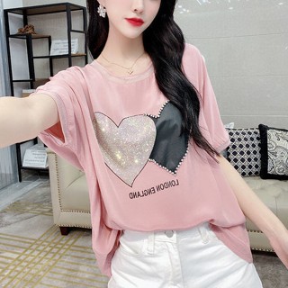 เสื้อยืดคอกลม แขนสั้น ประดับลูกปัด เพชร รูปหัวใจ ทรงหลวม สําหรับผู้หญิง