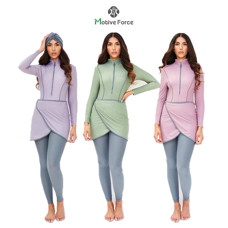 Motive Force ผู้หญิง Rash Guard แขนยาว ชุดว่ายน้ํามุสลิม 3 ชิ้น ป้องกัน Snorkelling อิสลาม