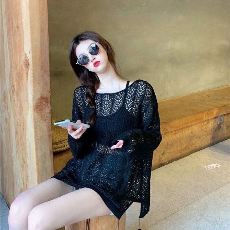 เสื้อกันหนาวแขนยาว ผ้าถักโครเชต์ ฉลุลาย กันแดด ทรงหลวม แฟชั่นฤดูร้อน สําหรับผู้หญิง