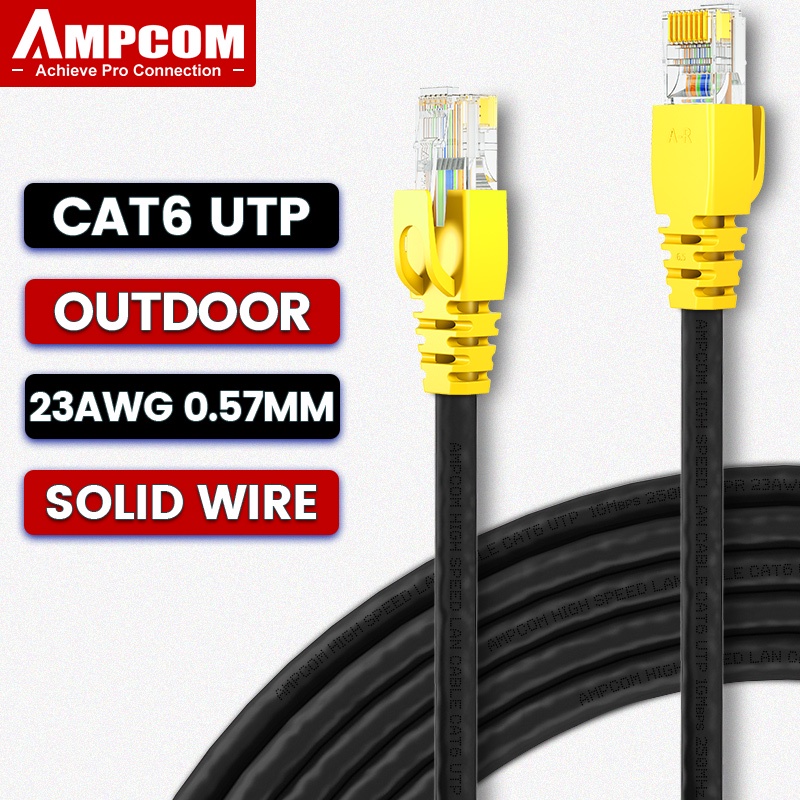 AMPCOM สายสัญญาณ Ethernet กลางแจ้ง CAT6, แบบเปิดเครือ สูญญากาศหลอดออกซิเจนขนาด 0.57 มม. สำหรับเครือข่าย RJ45 ที่สร้างตามโครงการกลางแจ้ง