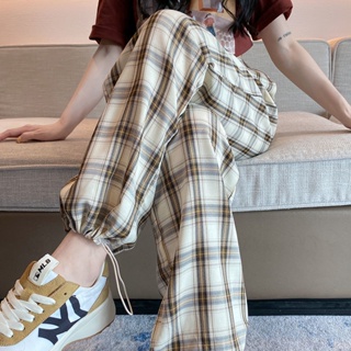 Plus Size Plaid Casual Trousers For Woman Sports Loose Casual Wide-Leg Pants Drape