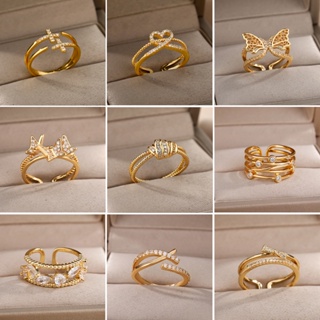 Kaijiang Cincin แหวนสเตนเลส แบบเปิด สองชั้น ประดับเพทาย สไตล์เกาหลี ปรับได้ เครื่องประดับ สําหรับผู้หญิง