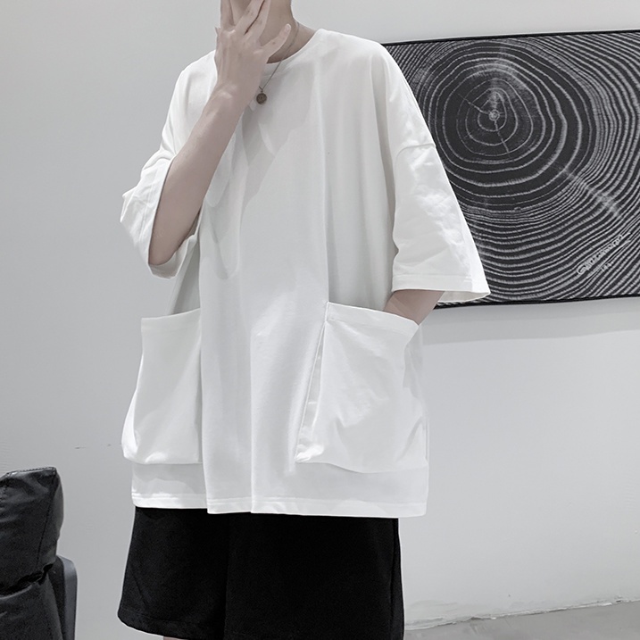 เสื้อยืดแขนสั้น ผ้าฝ้าย ทรงหลวม มีกระเป๋า สีพื้น สไตล์เกาหลี แฟชั่นฤดูร้อน สําหรับผู้ชาย - รูปที่ 5