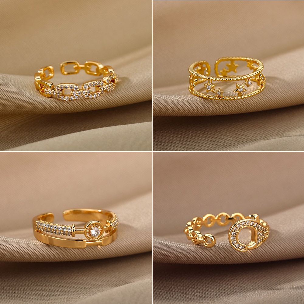 Kaijiang Cincin Gold/Silver Creative เปิดแหวนผู้หญิงสแตนเลสเพทายแหวนนิ้วปรับเครื่องประดับแฟชั่นอุปกรณ์เสริม