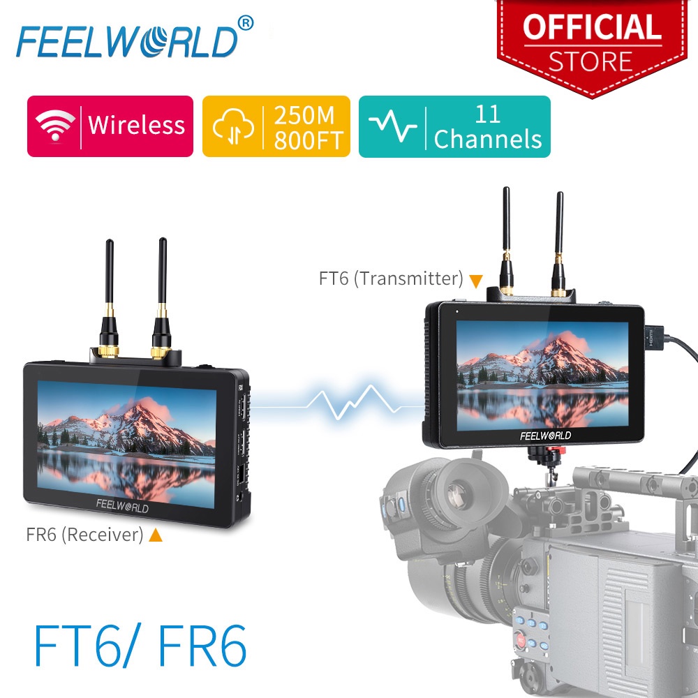 Feelworld FT6 FR6 มอนิเตอร์กล้อง DSLR ไร้สาย 5.5 นิ้ว ระยะไกล 800 ฟุต ความล่าช้าต่ํา 0.07s สัมผัส 3D