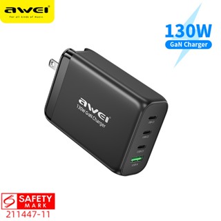 Awei PD19 ปลั๊ก US GaN 130W อะแดปเตอร์พลังงานสูง 4 พอร์ต 1 USB และ 3 Type-C ที่ชาร์จ PD ชาร์จเร็ว