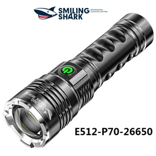 Smiling Shark E512 ไฟฉาย แรงสูง ไฟฉาย XHP70 100W 5000LM แรงสูง ไฟฉาย Led ยุทธวิธีไฟฉาย 26650 USB แบชาร์จไฟไฟฉ  ไฟฉายเดินป่า