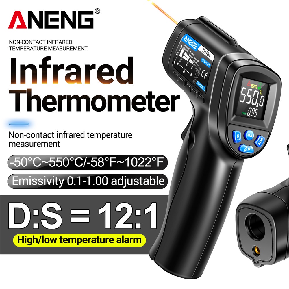 Aneng TH104 เครื่องวัดอุณหภูมิอินฟราเรดดิจิทัล -50~550℃ เซนเซอร์วัดอุณหภูมิความร้อนอินฟราเรด VA แบบไม่สัมผัส
