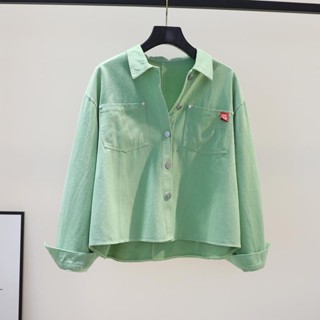 เสื้อโปโลแขนยาว ผ้าฝ้าย ทรงหลวม ขนาดOVERSIZE สีเขียวอ่อน เข้ากับทุกการแต่งกาย เสื้อแฟชั่นผู้หญิง เสื้อทำงานผู้หญิง สีพื้น แขนยาว เรียบง่าย