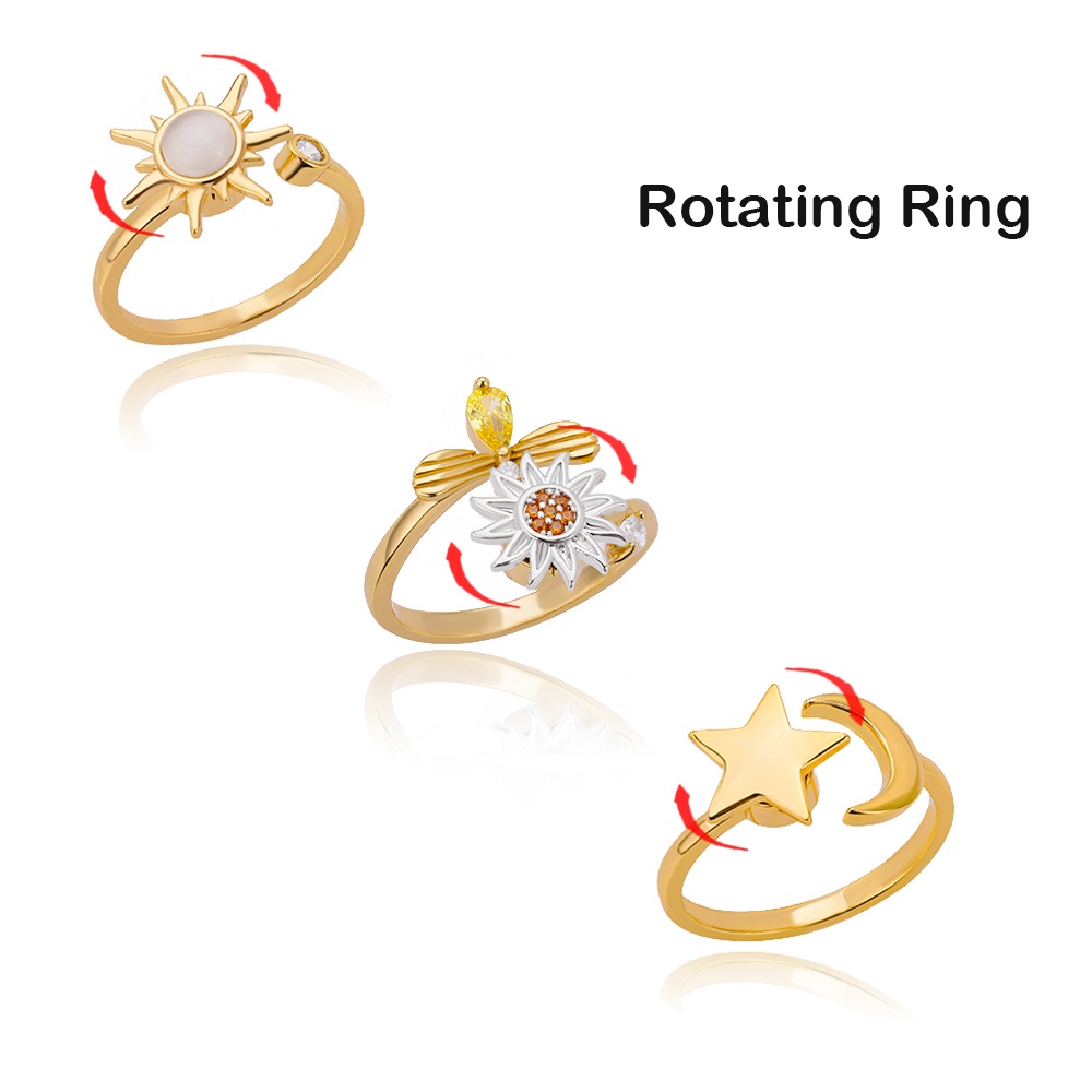 Kaijiang Cincin หมุน Sun โอปอลแหวนผู้หญิง Sunflower Moon Star Charm แหวนนิ้วมือปรับเปิดแหวนเครื่องประดับ Best Friend เครื่องประดับแฟชั่น