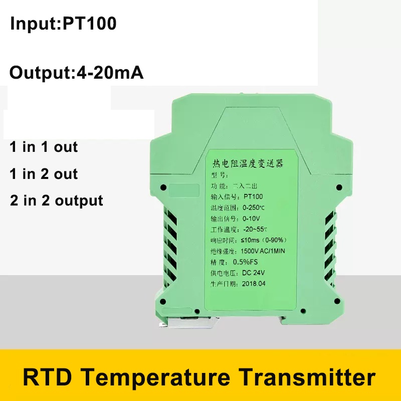 Rtd เครื่องส่งสัญญาณอุณหภูมิ PT100 100 150 องศา อินพุต 4-20mA 0-10V เอาท์พุต 24VDC พาวเวอร์ซัพพลาย 2 in 2 out