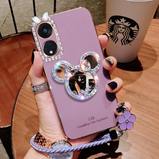 เคส OPPO A58 A98  Reno 8T A78 5G Reno 7Z 8Z A17K A77S A15S A57 A96 A76 A16 เคสโทรศัพท์มือถือ ทรงกลม ลายมิกกี้เมาส์ พร้อมกระจกแต่งหน้า และสายคล้อง สําหรับ