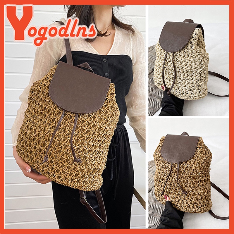 Yogodlns Women Drawstring Straw Backpack Weaving Daypack Small Travel Knapsack