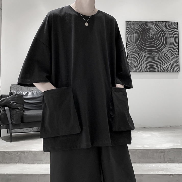 เสื้อยืดแขนสั้น ผ้าฝ้าย ทรงหลวม มีกระเป๋า สีพื้น สไตล์เกาหลี แฟชั่นฤดูร้อน สําหรับผู้ชาย - รูปที่ 6