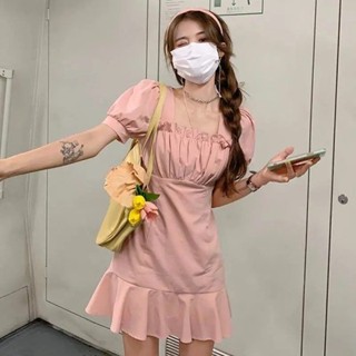 ชุดเดรสแขนสั้น ความยาวปานกลาง คอสี่เหลี่ยม ขนาดเล็ก สีดํา แฟชั่นฤดูร้อน