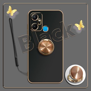 เคสซิลิโคนนิ่ม ชุบไฟฟ้า 360 องศา สําหรับ Infinix Smart 6 Plus X6823C X6823°ขาตั้งแหวนโลหะ และสายคล้องซิลิโคน