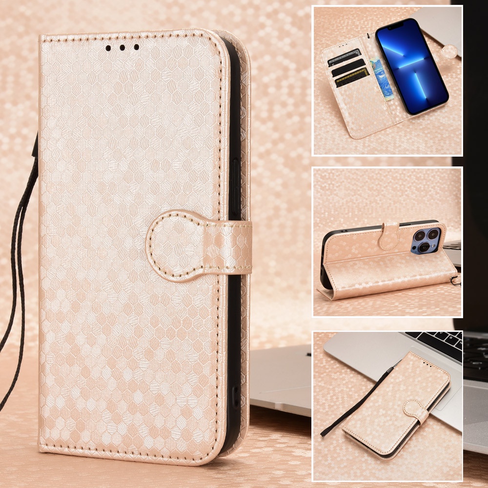 เคส Case for iPhone 17 Air 17e 16e 16 Pro Max 15 14 Plus 12 13 Pro เคสฝาพับ เคสเปิดปิด มือถือฝาพับหนัง TPU ดีไซน์กระเป๋าสตางค์ พร้อมช่องใส่บัตร Hexagon Pattern PU Faux Leather Flip Cover Wallet Strap ซองมือถือ BDW