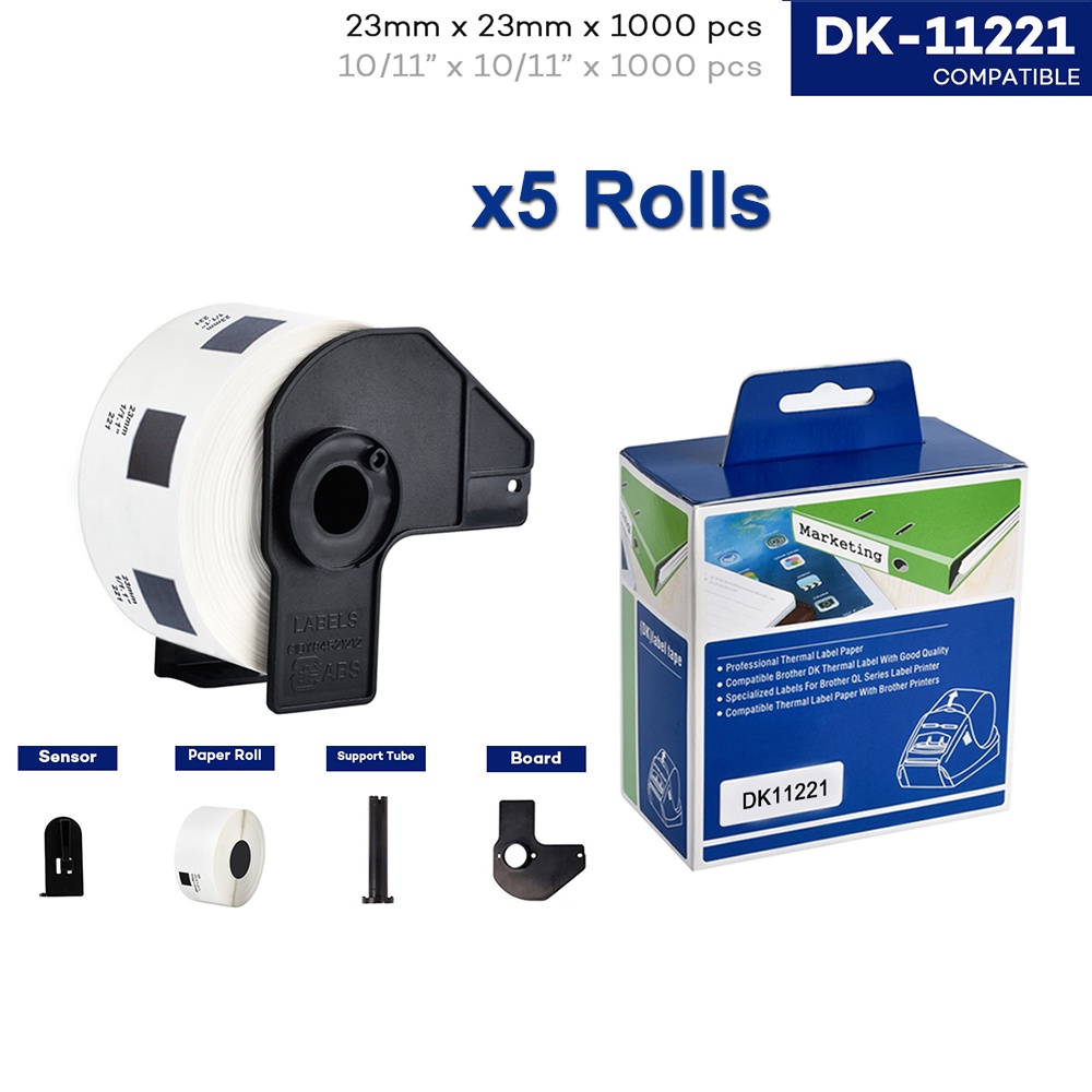 5 ม้วนใช้งานร่วมกับ Brother DK-11221 23mm x 23mm Square Labels กระดาษความร้อนสีขาวสําหรับเครื่องพิมพ