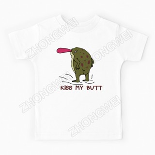 Zhongwei Official Frog Kiss My Butt เสื้อยืดลําลอง แขนสั้น คอกลม พิมพ์ลายกราฟฟิค สไตล์วินเทจ แฟชั่นสําหรับเด็กผู้ชาย ผู้หญิง ไซซ์ S-3XL