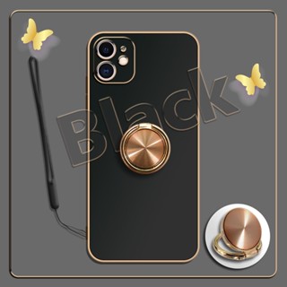 เคสซิลิโคนนิ่ม ชุบไฟฟ้า 360 องศา สําหรับ iPhone 11 11 Pro Max 11 Pro°ขาตั้งแหวนโลหะ และสายคล้องซิลิโคน