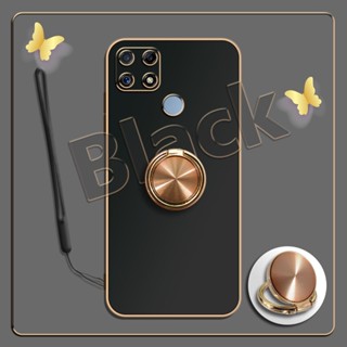 เคสซิลิโคนนิ่ม ชุบไฟฟ้า 360 องศา สําหรับ Realme C12°ขาตั้งแหวนโลหะ และสายคล้องซิลิโคน