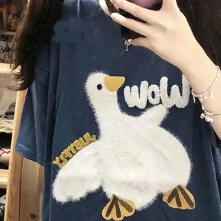 Short-sleeved T-shirt Womens Summer Ins Hong Kong Style Japanese Cute Duckling Loose Half-sleeved Top for Students