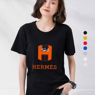 Hermes_เสื้อยืดแขนสั้น คอกลม ทรงหลวม สไตล์บอททอม แฟชั่นฤดูร้อน สําหรับผู้ชาย และผู้หญิง