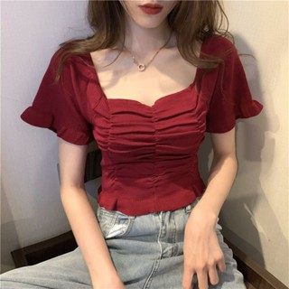ใหม่ เสื้อยืดแขนสั้น คอสี่เหลี่ยม ผ้าเรยอนถัก ทรงหลวม สําหรับผู้หญิง 2023