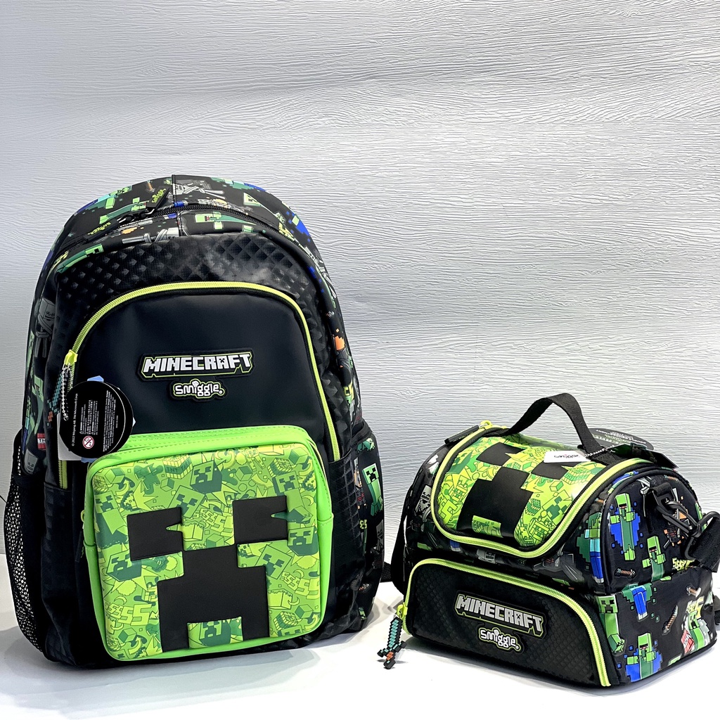 Smiggle Minecraft Classic backpack กระเป ๋ าเป ้ สะพายหลังนักเรียนเด ็ กพับปากกากระเป ๋ าชุดวันเกิดกล ่ องอาหารกลางวันกระเป ๋ า