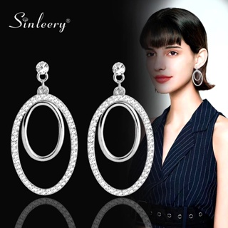 Sinleery ต่างหูคริสตัล ทรงวงรี ขนาดใหญ่ สีเงิน ประดับเพทาย เครื่องประดับแฟชั่น ES691