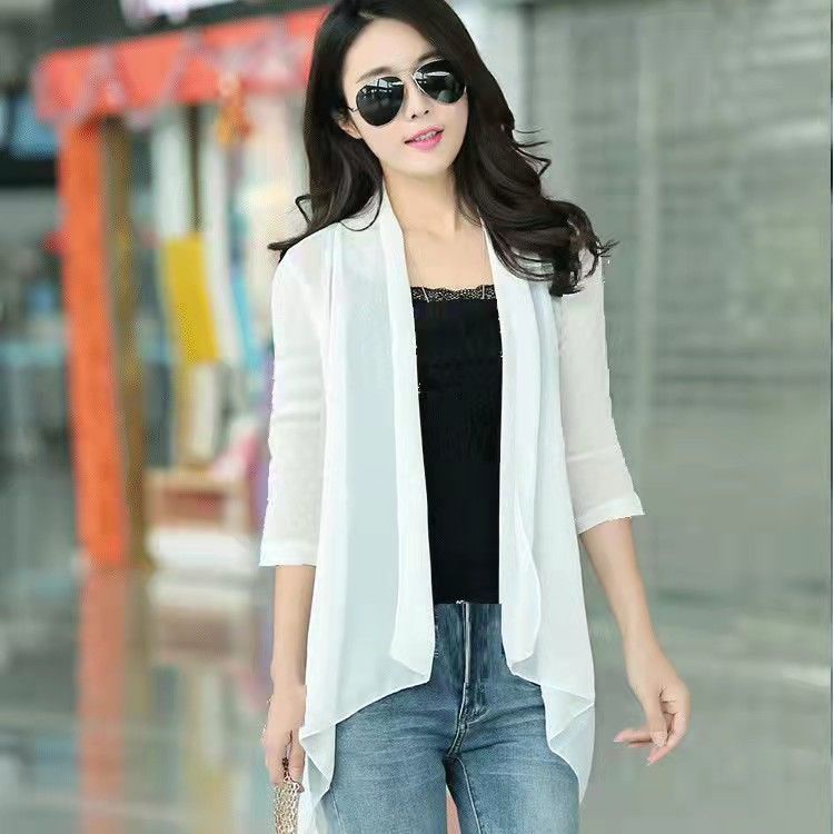 เสื้อแจ็กเก็ตคาร์ดิแกน ผ้าชีฟอง แบบบาง แฟชั่นฤดูร้อน สําหรับผู้หญิง 2023