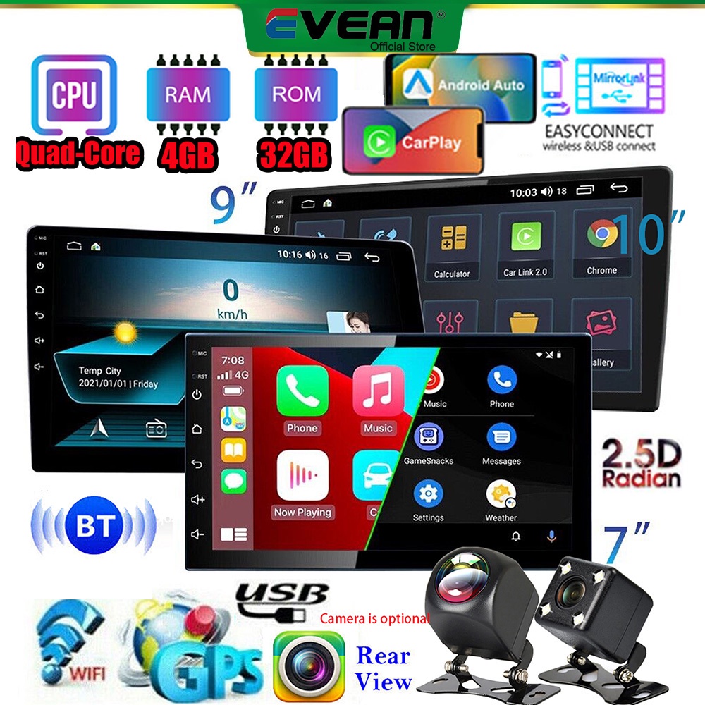 Evean Quad Core [CarPlay 4GB RAM + 32GB ROM] 7 '' / 9 '' 10 '' Android เครื่องเสียงรถยนต์ หน้าจอ IPS รองรับ Waze / GPS BT วิทยุติดรถยนต์ WIFI พร้อมกล้องติดรถยนต์