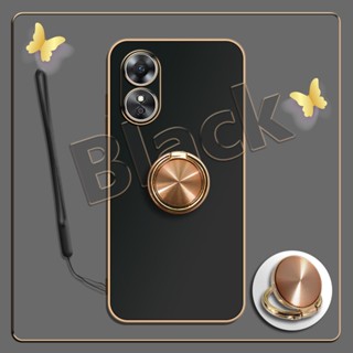 เคสซิลิโคนนิ่ม ชุบไฟฟ้า 360 องศา สําหรับ OPPO A17 A17K°ขาตั้งแหวนโลหะ และสายคล้องซิลิโคน