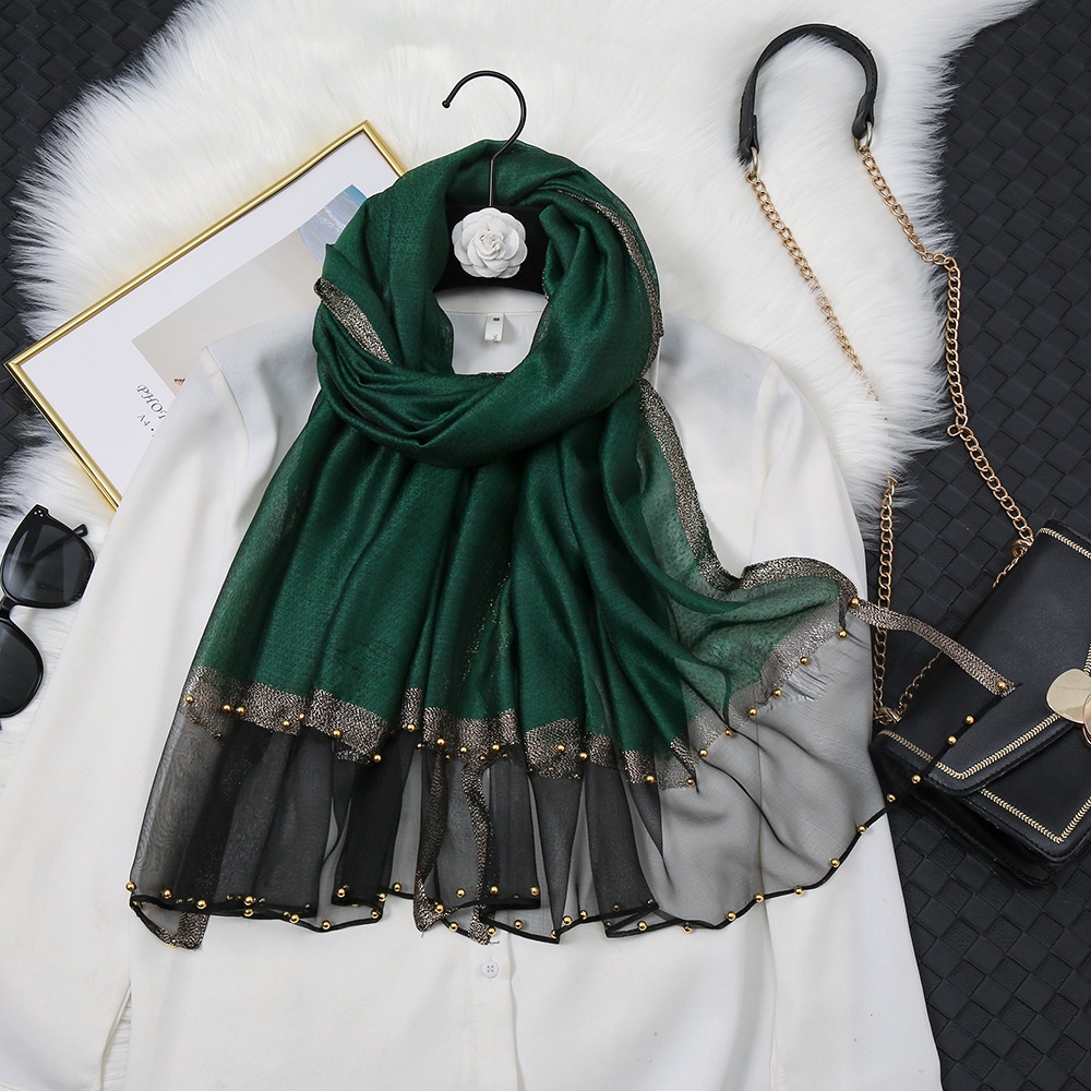 Laven สีทึบผ้าไหมหม่อน Organza ผ้าพันคอผู้หญิง All-Match ลูกปัด Headscarf ผ้าคลุมไหล่แฟชั่นมุสลิม Tudung