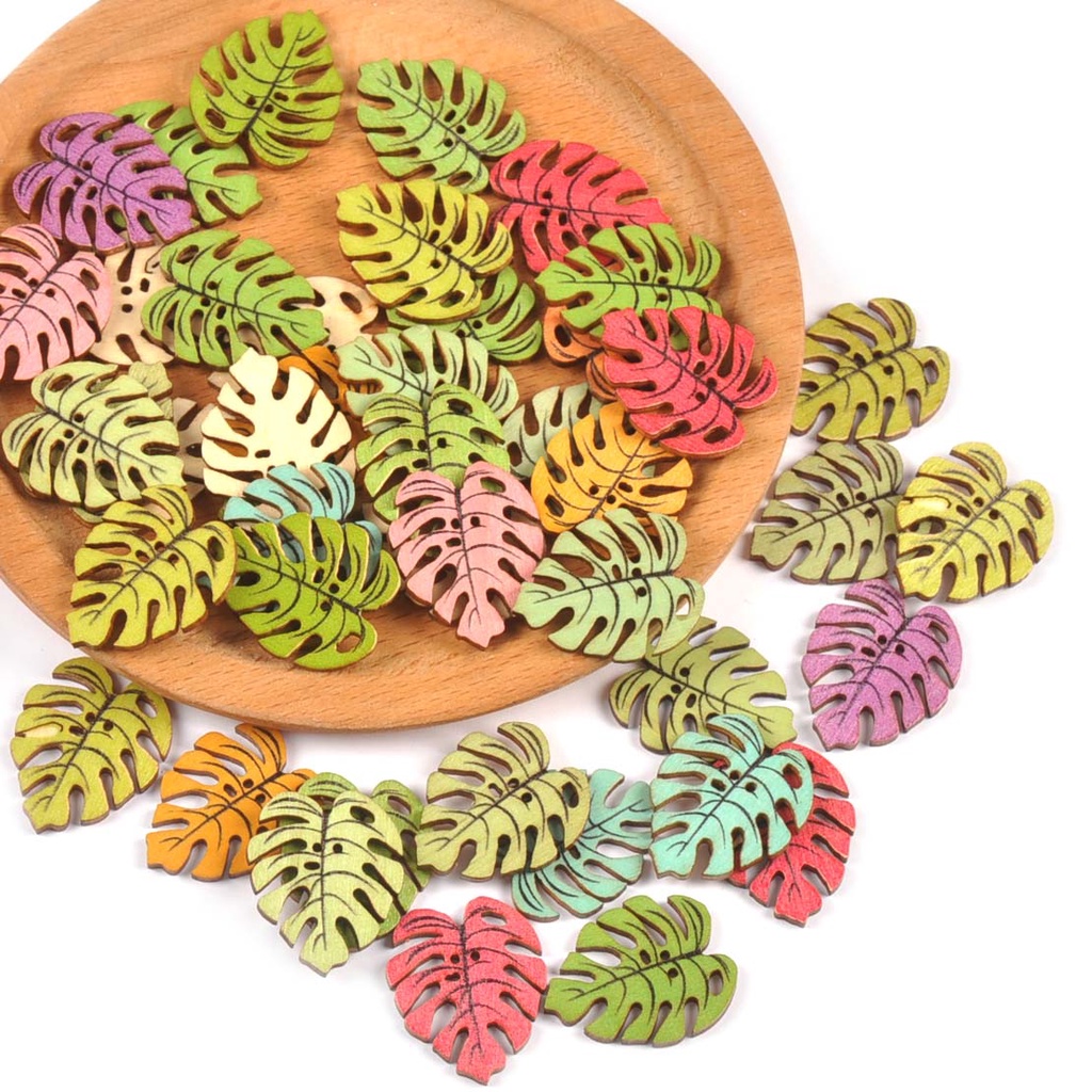 50 ชิ้น 2 หลุมผสมทาสี Leaf Flatback ปุ่มไม้สําหรับเสื้อผ้าเย็บ DIY Scrapbooking อุปกรณ์เสริมตกแต่งบ้านงานฝีมือ MT2736