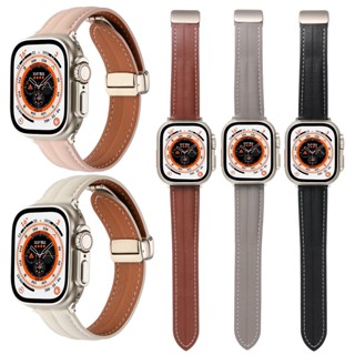 สายนาฬิกาข้อมือ สายหนังวัวแท้ แบบพับได้ สําหรับสมาร์ทวอทช์ Folding Buckle Genuine Leather Watchband For Watch Strap Series 8 7 6 5 4 3 2 1,SE ,SE2, Ultra 49mm Strap Size 41mm 45mm 38mm 40mm 42mm 44mm Smart Watches Bracelet For Watch Strap