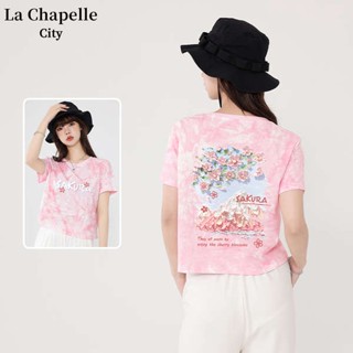 shein thailand La Chapelle มัดย้อมผ้าฝ้ายแท้เสื้อยืดผู้หญิง2023ใหม่สีชมพูแนวญี่ปุ่นภาพวาดสีน้ำมันโดปามีนดูผอมเสื้อท่อนบน