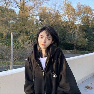 เสื้อกันหนาวมีซิป เกาหลี Dongdaemun ช่องยี่ห้อ CEC ตัวอักษรถ่านสีเทาหลวมซิปมีฮู้ดเสื้อสเวตเตอร์ขี้เกียจสไตล์ผู้หญิง