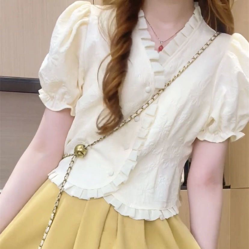 เสื้อเชิ้ตแขนสั้น คอวี เข้ารูป แฟชั่นฤดูร้อน สไตล์ฝรั่งเศส สําหรับผู้หญิง