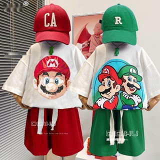 เสื้อยืดแขนสั้น ผ้าฝ้าย พิมพ์ลาย Super Mario Heavy Industry แฟชั่นสตรีท สําหรับเด็กผู้ชาย