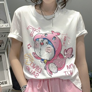 เสื้อยืดแขนสั้น คอกลม ทรงหลวม พิมพ์ลายการ์ตูน ประดับเพชร แฟชั่นฤดูร้อน สําหรับผู้หญิง