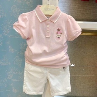 เสื้อโปโลแขนสั้น ผ้าฝ้าย สีชมพู สีขาว สีฟ้า แฟชั่นฤดูร้อน สําหรับเด็กผู้หญิง 2023