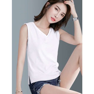 เสื้อยืดแขนกุด คอวี ผ้าฝ้ายแท้ ทรงหลวม สีขาว แฟชั่นฤดูร้อน สําหรับผู้หญิง