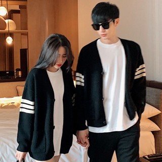 coatsweater เสื้อสเวตเตอร์ถักทรงหลวมแบบใหม่สำหรับฤดูใบไม้ร่วงและฤดูหนาวปี2022เสื้อสเวตเตอร์ถักสำหรับผู้ชายและผู้หญิง ins ชุดคู่รักถักสามแถบอินเทรนด์