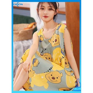 ชุดนอนสาวอวบ ชุดนอน Yi Companion Summer Pajamas ผู้หญิง Cotton Fat MM Nightdress Summer Korean Edition Thin Fat Size Artificial Cotton Loose Long Skirt