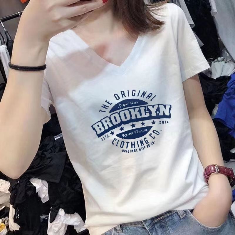 ใหม่ เสื้อยืด คอวี แขนสั้น ผ้าฝ้ายแท้ ทรงหลวม สีขาว แฟชั่นฤดูร้อน สําหรับผู้หญิง