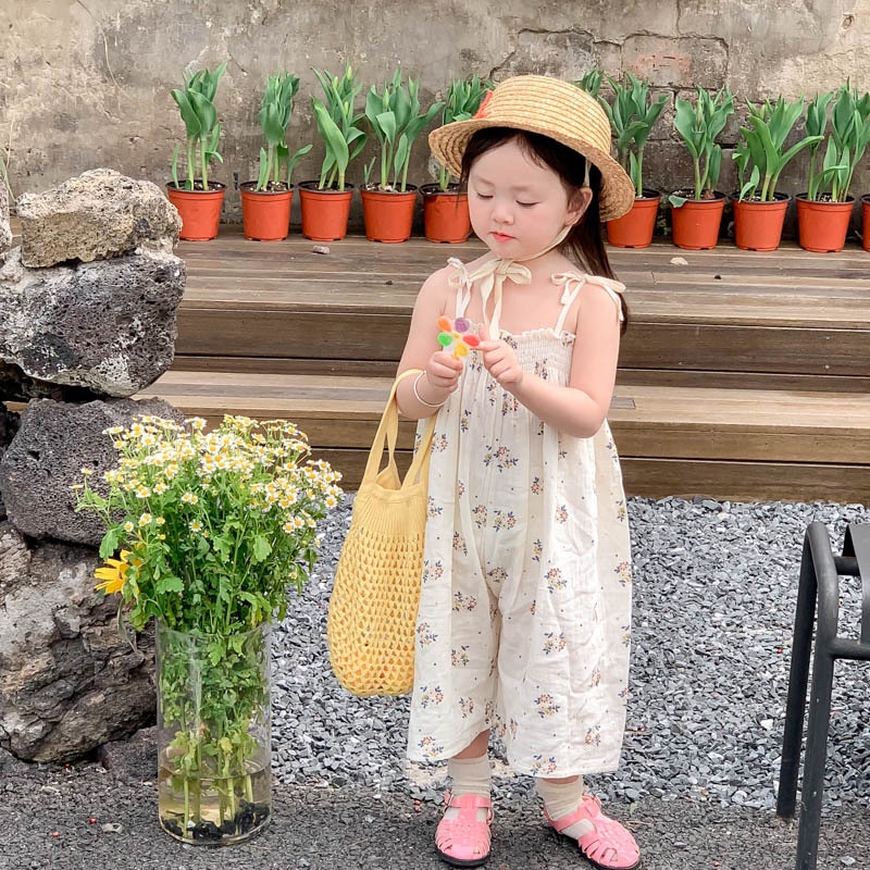 ชุดจั๊มสูทแขนกุด ขากว้าง ทรงหลวม สไตล์เกาหลี แฟชั่นฤดูร้อน สําหรับเด็กผู้หญิง